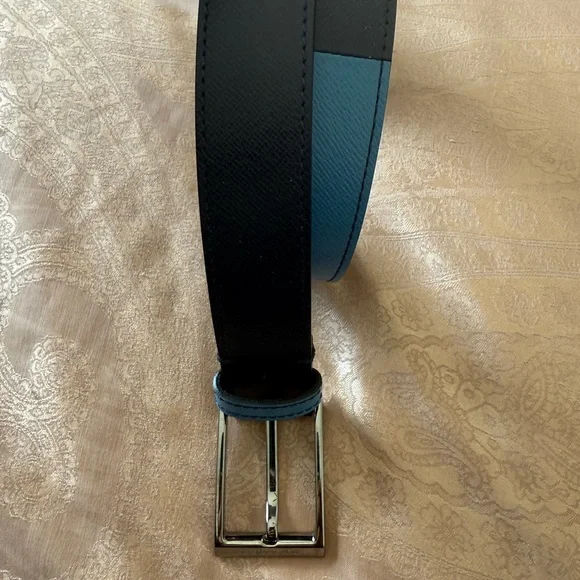 Burberry Black and Blue Leather Belt with Silver Buckle